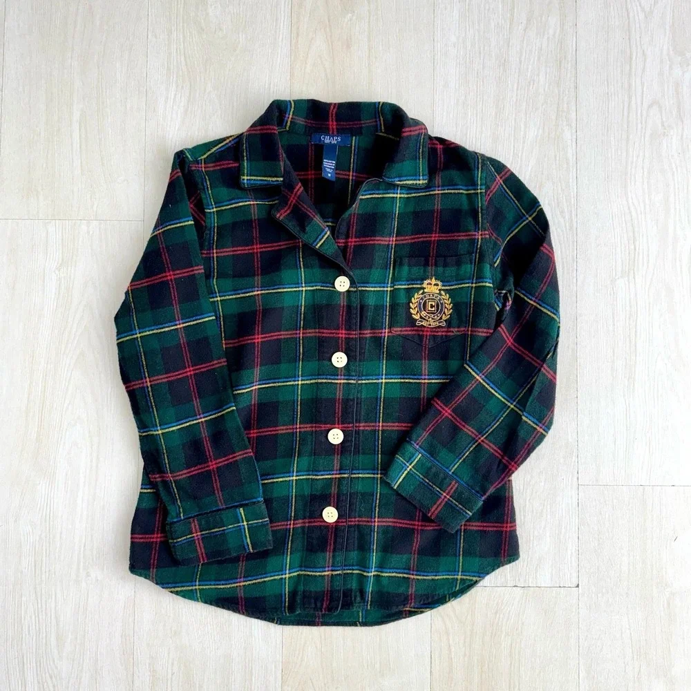 Chaps Pajama Set‎ Women Medium Green Red Black Tartan Plaid Flannel Holiday Cozy